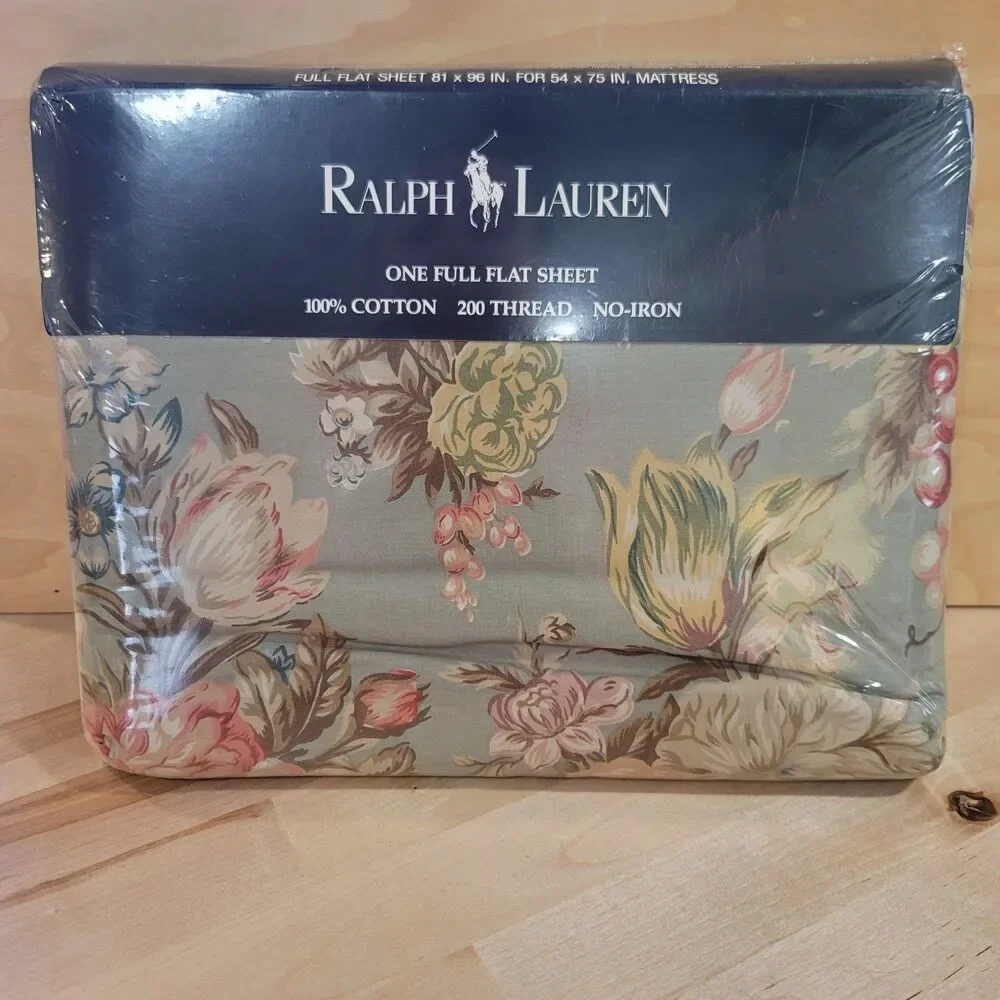 VTG NEW Ralph Lauren Full Flat Sheet Floral 100% Cotton Charlotte IV Green